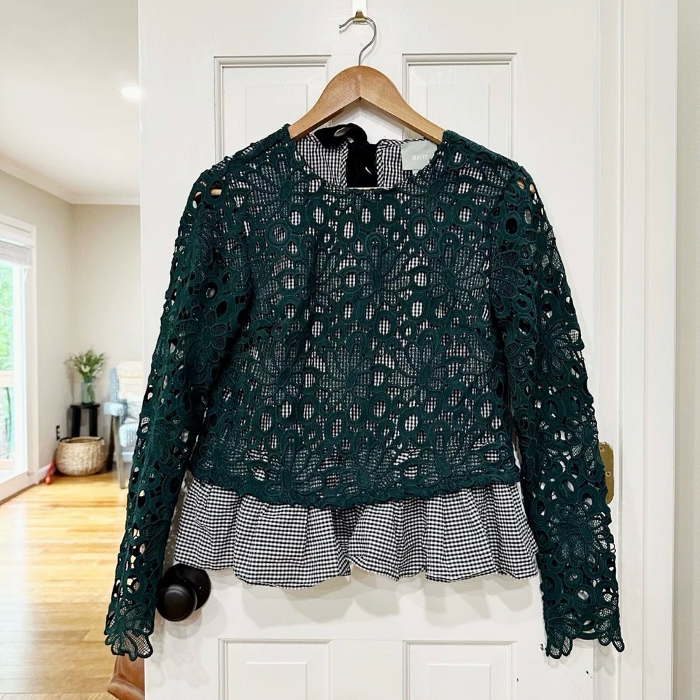 Anthropologie Maeve Green Lace Top Gabriella Gingham Size XS